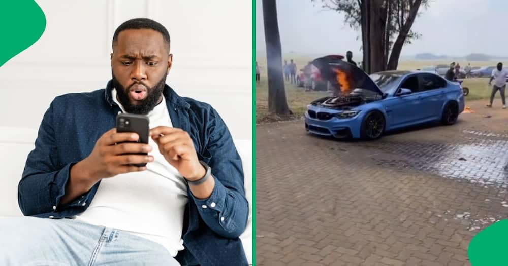 bmw goes up in flames at groove event: watch as quick-thinking men save the day with cooler boxes