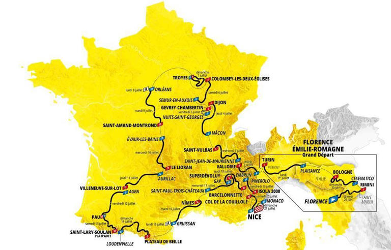 Le tracé du Tour de France 2024, avec une arrivée prévue à Nice.
