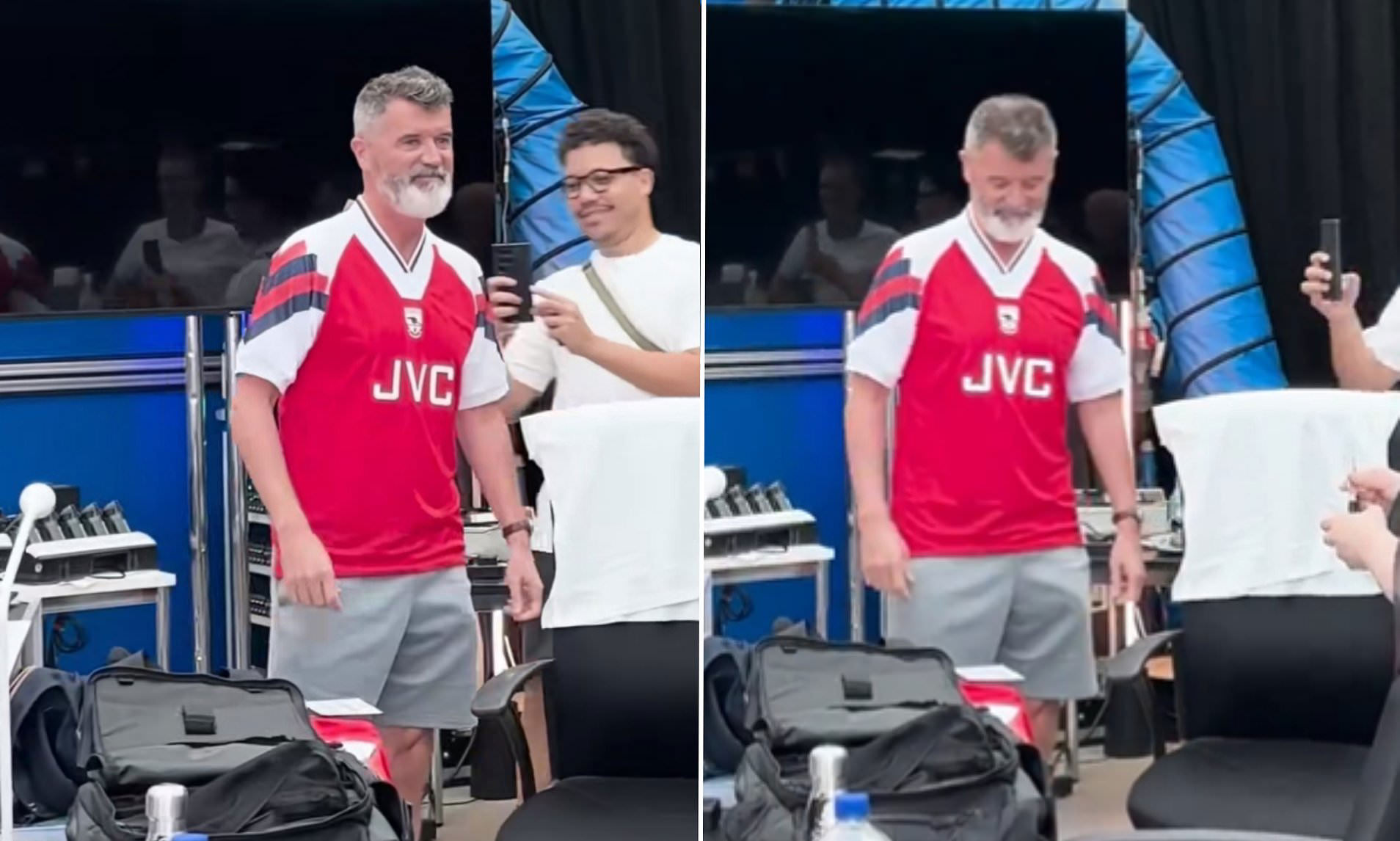 Man United legend Roy Keane is spotted wearing an ARSENAL shirt as Ian  Wright jokes that Red Devils fans 'are gonna do their nut in'