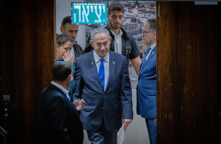  Israeli Prime Minister Benjamin Netanyahu attends a 40 signatures debate, at the plenum hall of the Knesset, the Israeli parliament in Jerusalem, on June 24, 2024. 