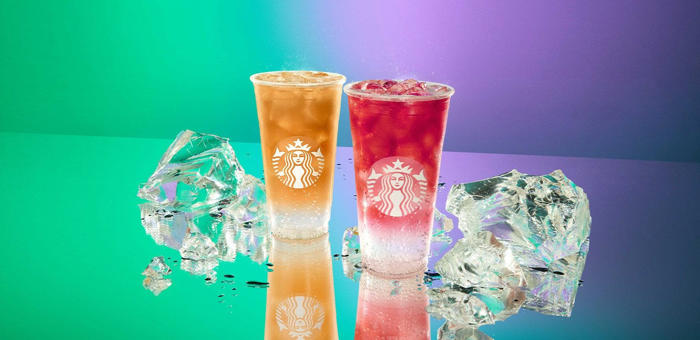 starbucks introduces caffeinated iced drinks. flavors include melon, tropical citrus