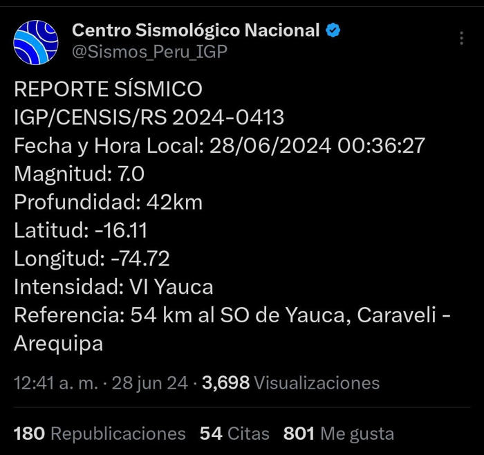 temblor de magnitud 7.0 remeció en arequipa hoy, según igp