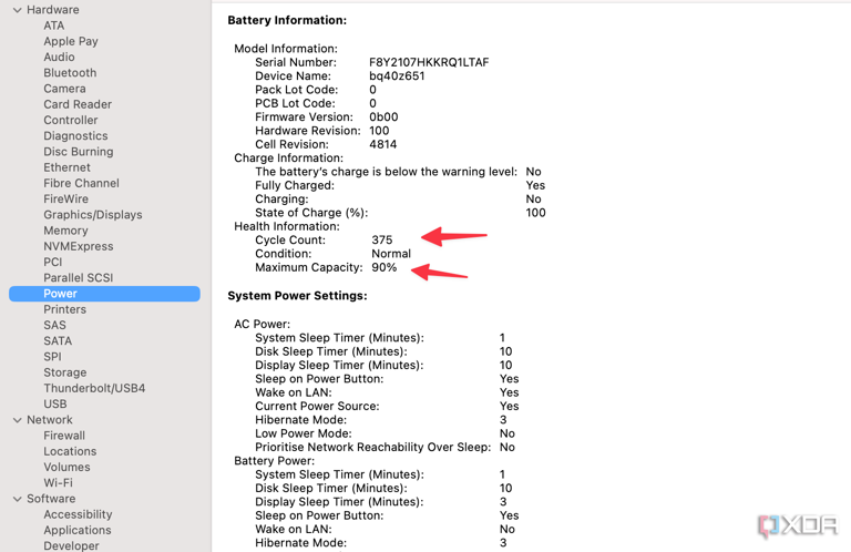 A screenshot showing MacBook battery health