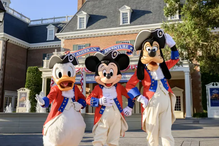 Donald Duck, Mickey Mouse and Goofy dress in their patriotic best to celebrate the Fourth of July at Walt Disney World Resort. They appear for meet and greets at the American Adventure at Epcot for the holiday. (Amy Smith, photographer)