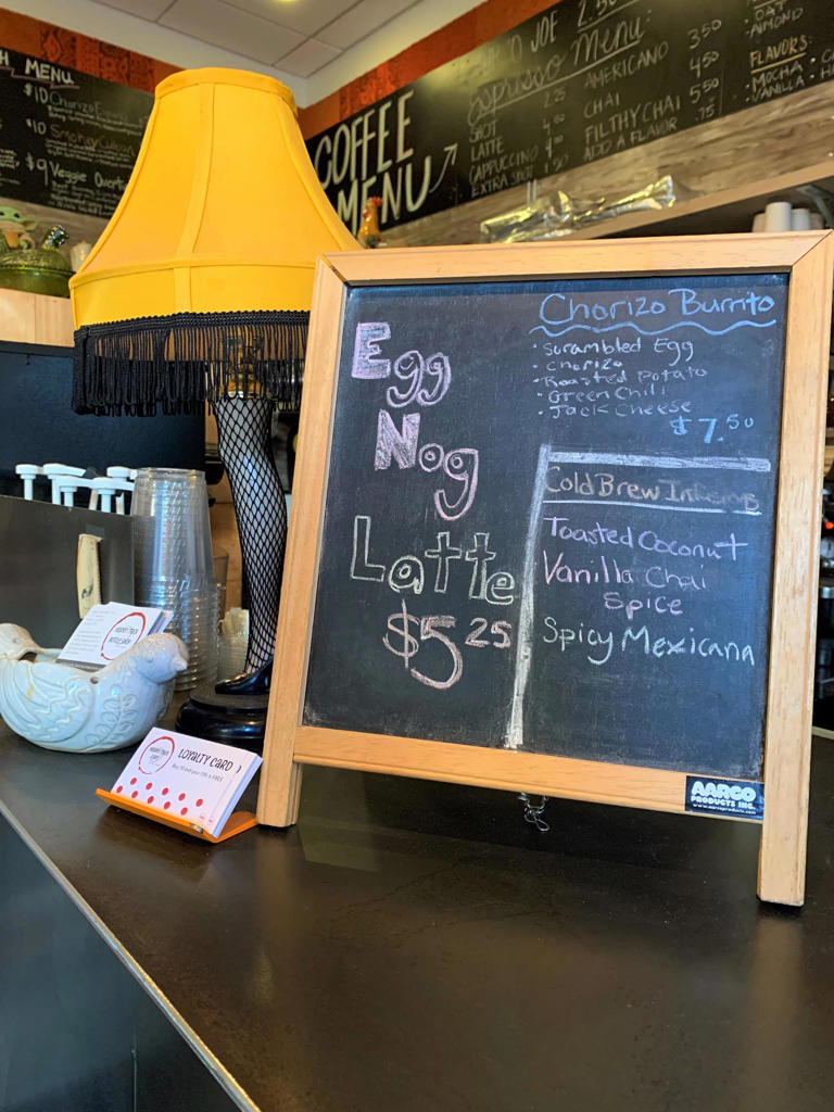 Egg Nog Lattes are on the menu for the holiday season at Hidden Track Cafe. Some customers come in for coffee but many also grab some groceries since the cafe evolved into a bodega.