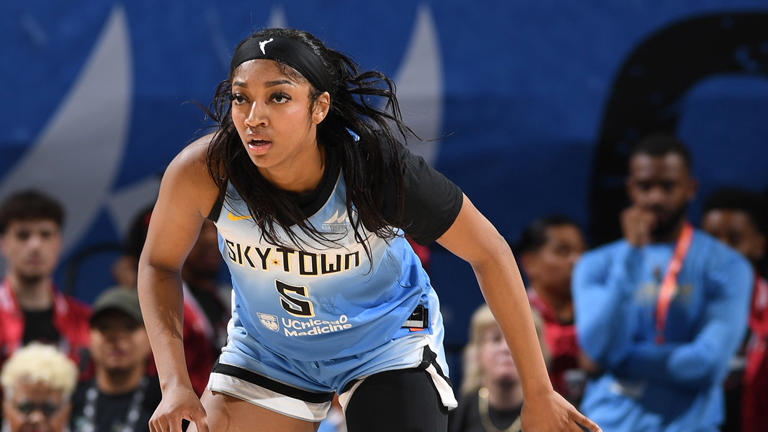 Angel Reese, #5 of the Chicago Sky plays defense during the game against the Las Vegas Aces on June 27, 2024, at the Wintrust Arena in Chicago, IL. Getty Images