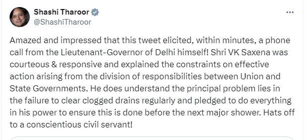 shashi tharoor praises ‘conscientious' lt governor after call over delhi rain post