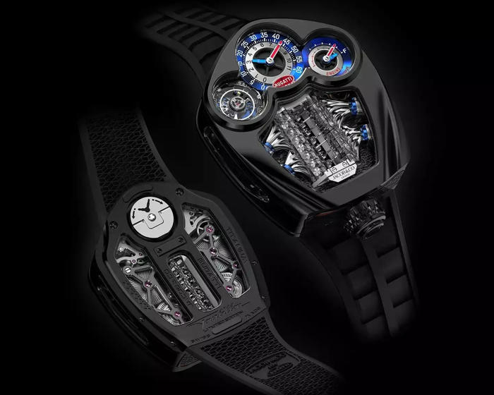 relógio inspirado pelo bugatti tourbillon conta com réplica do motor