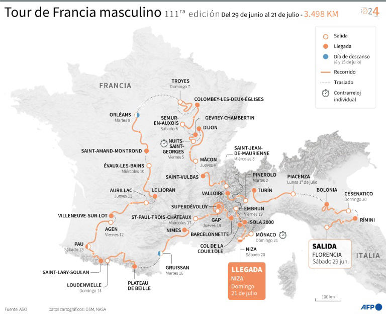 Mapa con el recorrido previsto en el Tour de Francia masculino 2024