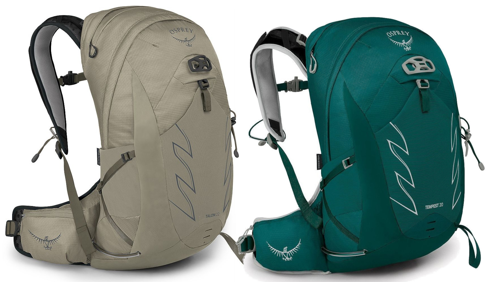 <p>These daypack-sized versions of the Talon and Tempest are made for bagging peaks, or biking to the local pub. Like larger models, these keep the lightweight design with the AirScape backpanel, continuous-wrap harness, and hipbelt. There are loops and tuck-away attachment points for stowing a trekking pole, ice axe, or bike helmet.</p> <p>Beyond the dual-zippered main compartment, there’s a secure interior mesh pocket and one in the top panel. The bag has several mesh pockets for stashing gear, including the stretch mesh side pockets for water bottles.</p> <a class="buy-now single" href="https://osprey.pxf.io/c/381569/1765694/20745?subId1=gjsposprey4thq224&u=https%3A%2F%2Fwww.osprey.com%2Ftalon-22-talon22f20-262%3Fcolor%3DSawdust%252520Earl%252520Grey">Shop Talon 22L</a> <a class="buy-now single" href="https://osprey.pxf.io/c/381569/1765694/20745?subId1=gjsposprey4thq224&u=https%3A%2F%2Fwww.osprey.com%2Ftempest-20-tempest20f20-268%3Fcolor%3DKakio%252520Pink%252520Purple%252520Ink">Shop Tempest 20L</a>