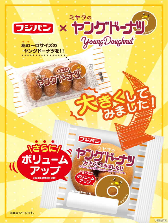 ヤングドーナツ大きくしてみました！！フジパン×宮田製菓 約7倍の大きさを実現！！（関東、東北、北海道、沖縄を除く）
