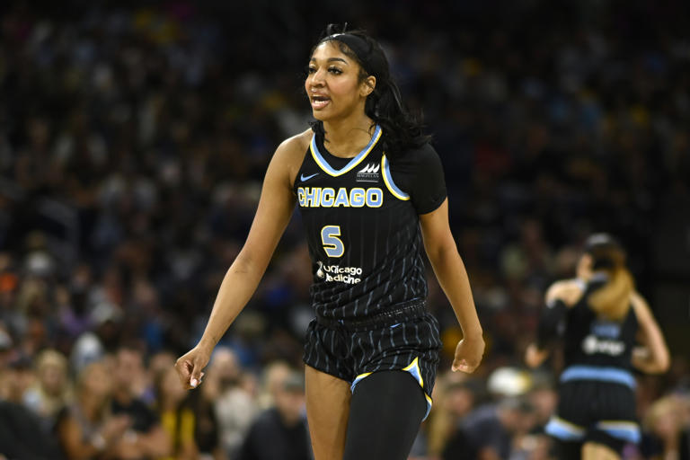 CHICAGO, ILLINOIS - JUNE 23: Angel Reese #5 of the Chicago Sky reacts after scoring in the first half against the Indiana Fever at Wintrust Arena on June 23, 2024 in Chicago, Illinois. Angel Reese has now tied an WNBA record set by Candace Parker im 2015.