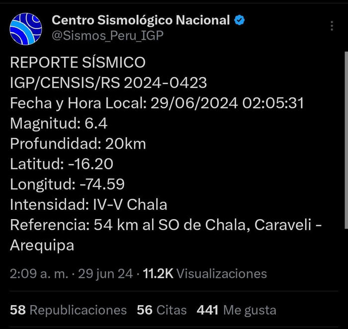 temblor de magnitud 6,4 se sintió en arequipa hoy, según igp
