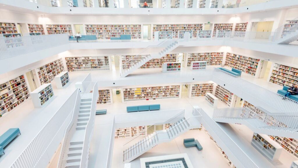 <p>A library with a more contemporary architectural design is the Stuttgart City Library in Germany. The monochromatic theme makes the library look elegant and bright. The building was designed by Korean architect Eun Young Yi.</p><p>One impressive aspect of the library is its use of technology to provide modernized services, like online catalogs and audio guides. Its interior is just as breathtaking as the view around it, and don’t skip the roof deck for a fantastic view.</p>