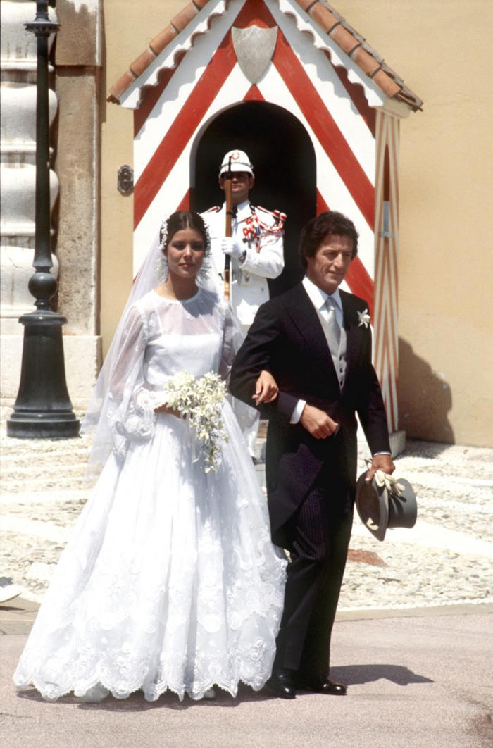 a look back at princess caroline of monaco's three royal weddings: dior bridal dress, chanel suit and more
