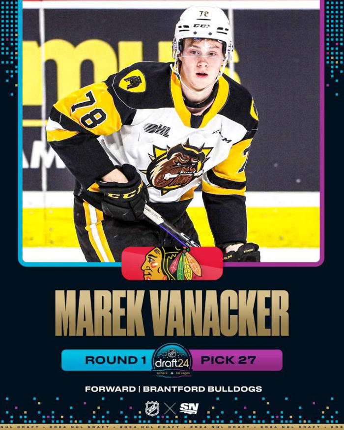 blackhawks trade for 27th overall pick in 2024 draft, select ohl forward marek vanacker