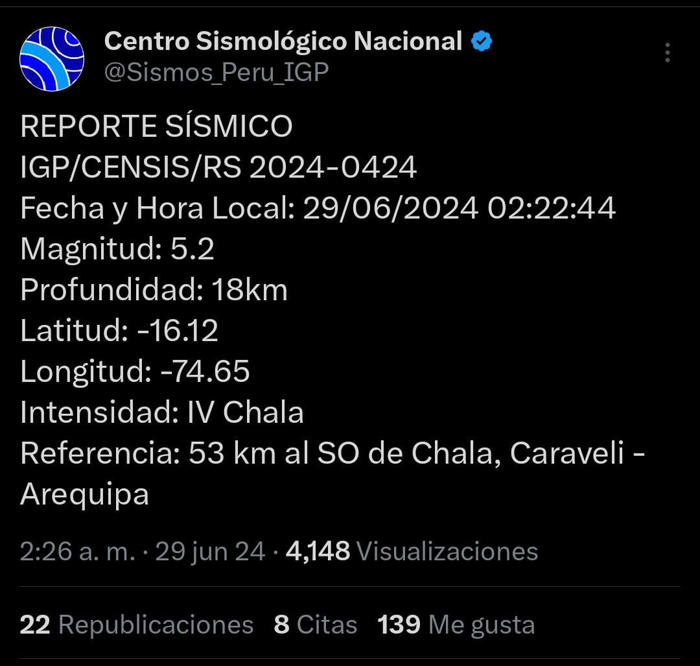 temblor de magnitud 5,2 se sintió en arequipa hoy, según igp