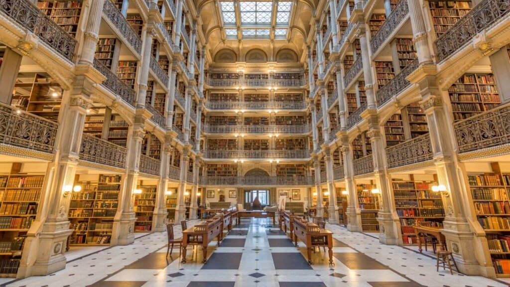 <p>Another library with a remarkable interior is the George Peabody Library, in Baltimore. The library was opened in 1878 and started as part of the Peabody Institute. It currently holds around 300,000 printed items from different centuries and regions.</p><p>Apart from being a space for reading or research, the library has opened its doors to corporate or private events. The space is available for rent and can even be used for weddings. </p>