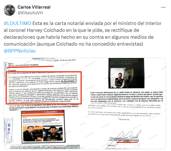 santiváñez envía carta notarial a colchado exigiendo que se rectifique, pese a no declarar con la prensa