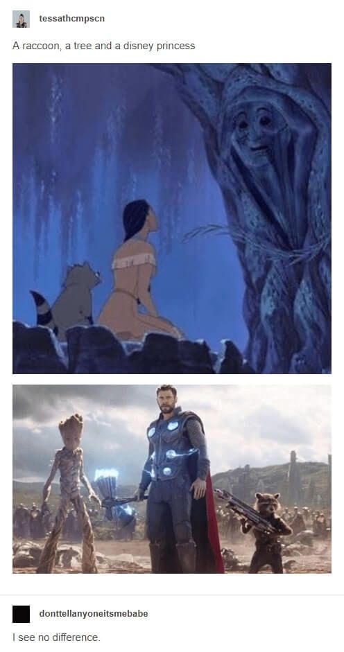 <p>There are a lot more movies in the Disney universe than you think. Disney also owns Marvel, which makes all the superhero characters from that world part of Disney as well. One thing we bet no one saw coming was this cinematic parallel! Looks like Pocahontas and Thor have more in common than we thought.</p> <p>An anthropomorphic raccoon and a talking tree? It’s basically the same movie! That is, if you ignore every other aspect of the story, message, and take John Smith out of the mix. Unless Thor is a version of John Smith in a timeline without Pocahontas? Hmm…..</p>