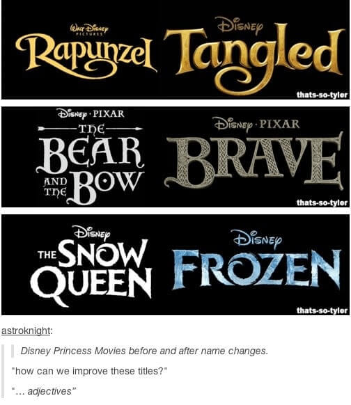 <p>One of the lesser-known facts about the film industry is that movies can go through several name changes before they are finally released. However, a few of Disney’s more recent films all seem to have gone through very similar name changes. Do adjectives work better with audiences as movie titles?</p> <p>We wonder what past Disney movies would be called if they used this formula. Would “Mulan” have been called “Honorable”? Or maybe “The Princess and the Frog” would have been called “Genuine”? We’re not sure adjective titles are perfect, but we definitely think it worked for those three movies!</p>