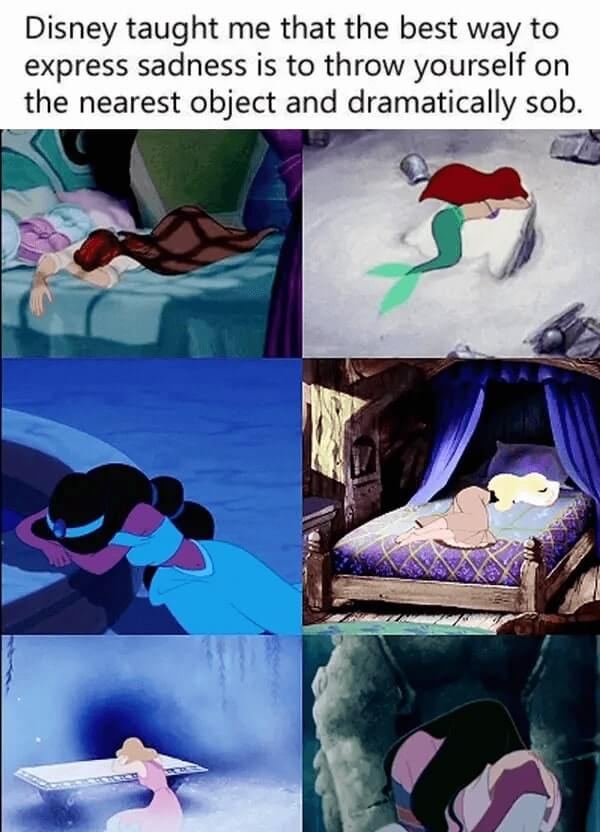 <p>In the same way that Disney villains have a habit of using the same monosyllabic insult, Disney princesses seem to have a very uniform way of showing their despair. Apparently, in order to be a Disney princess, you have to dramatically throw yourself face down against a bed or a bench and sob.</p> <p>That’s six Disney princesses who seem to display these similar behaviors. Maybe Disney needs to learn how to animate characters with a wider array of emotional expressions? To be fair, all these moments are in older Disney movies, since then it seems that they have evolved.</p>