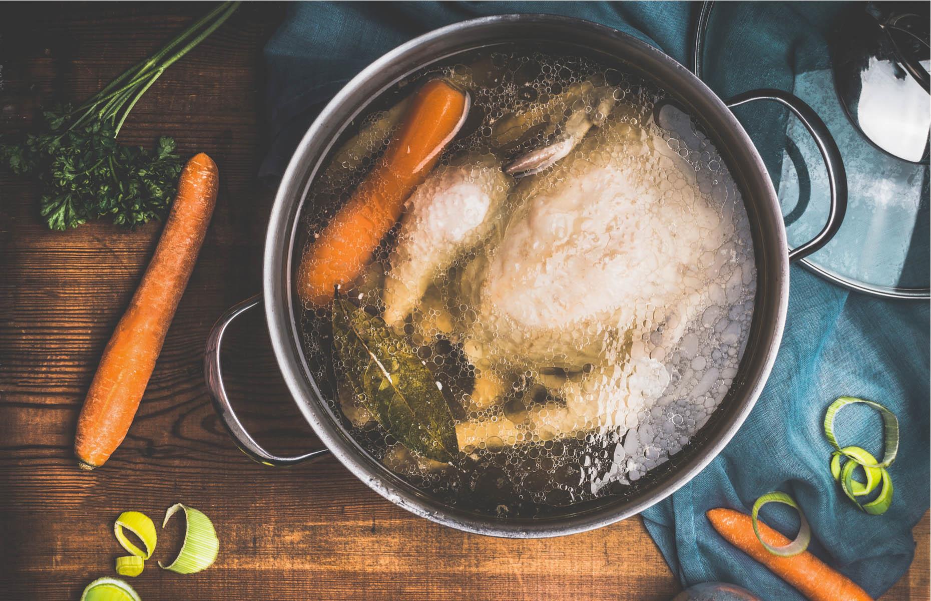 Poach chicken in stock