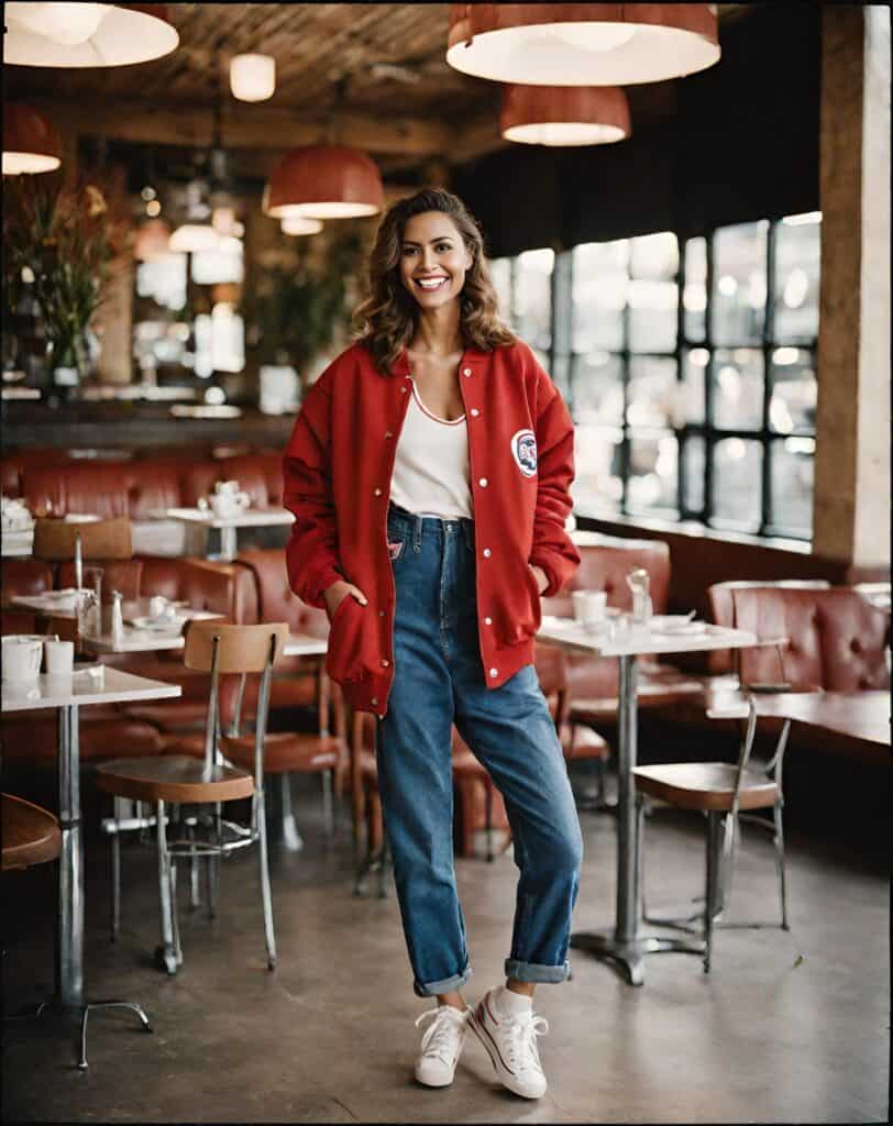 <p>Wearing a varsity jacket brings a sporty edge to your weekend wardrobe. Its oversized fit and bold design make it a statement piece, while the jacket’s structured shoulders and contrasting sleeves can help to create a balanced silhouette.</p>