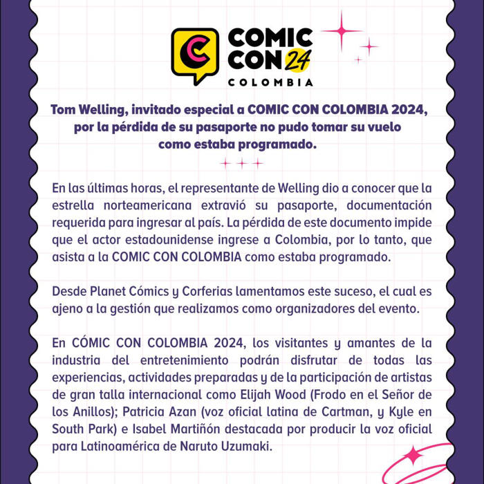 tom welling envía mensaje a sus fans tras cancelación de su aparición en la comic con colombia: “espero compensárselos a todos”