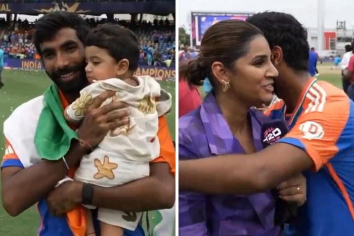 'seen his father win the t20 world cup': jasprit bumrah gives son angad his medal, hugs wife sanjana ganesan after interview