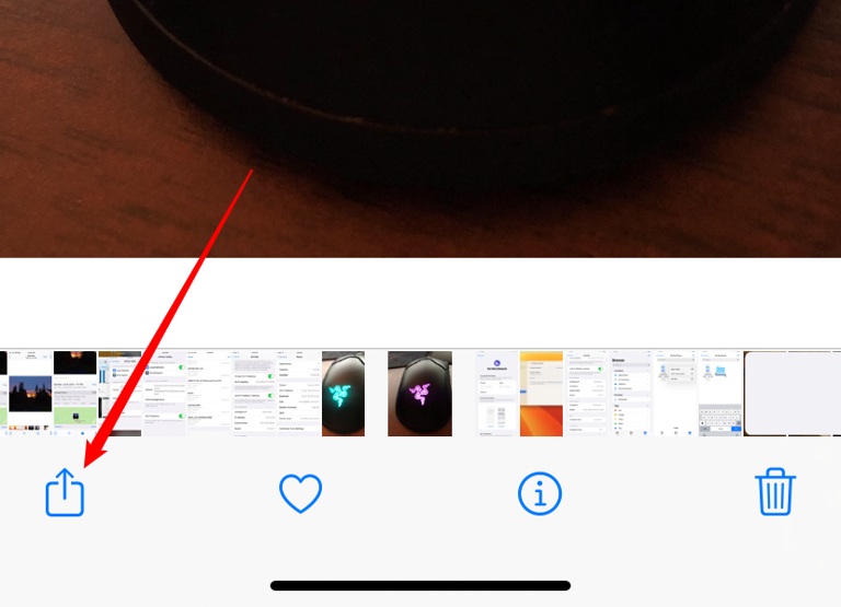 The 'Share' button in the bottom left corner of the Photos app. 