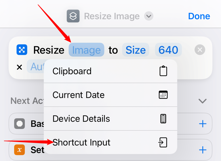 The 'Image' field has a dropdown menu that appears with 'Clipboard,' 'Current Date,' 'Device Details,' and 'Shortcut Input' listed. 