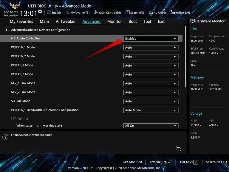 Disabling HD audio controller in BIOS.