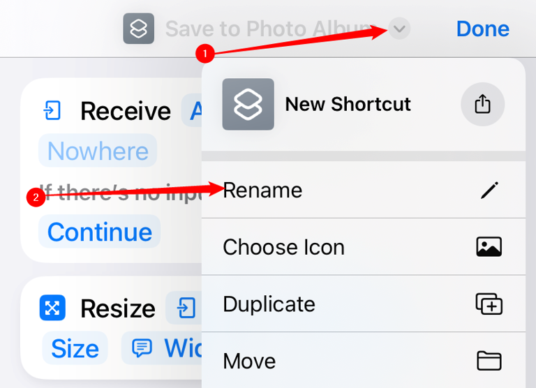 Chevron next to the title of the Shortcut, with 'rename' listed as an option in the dropdown menu. 