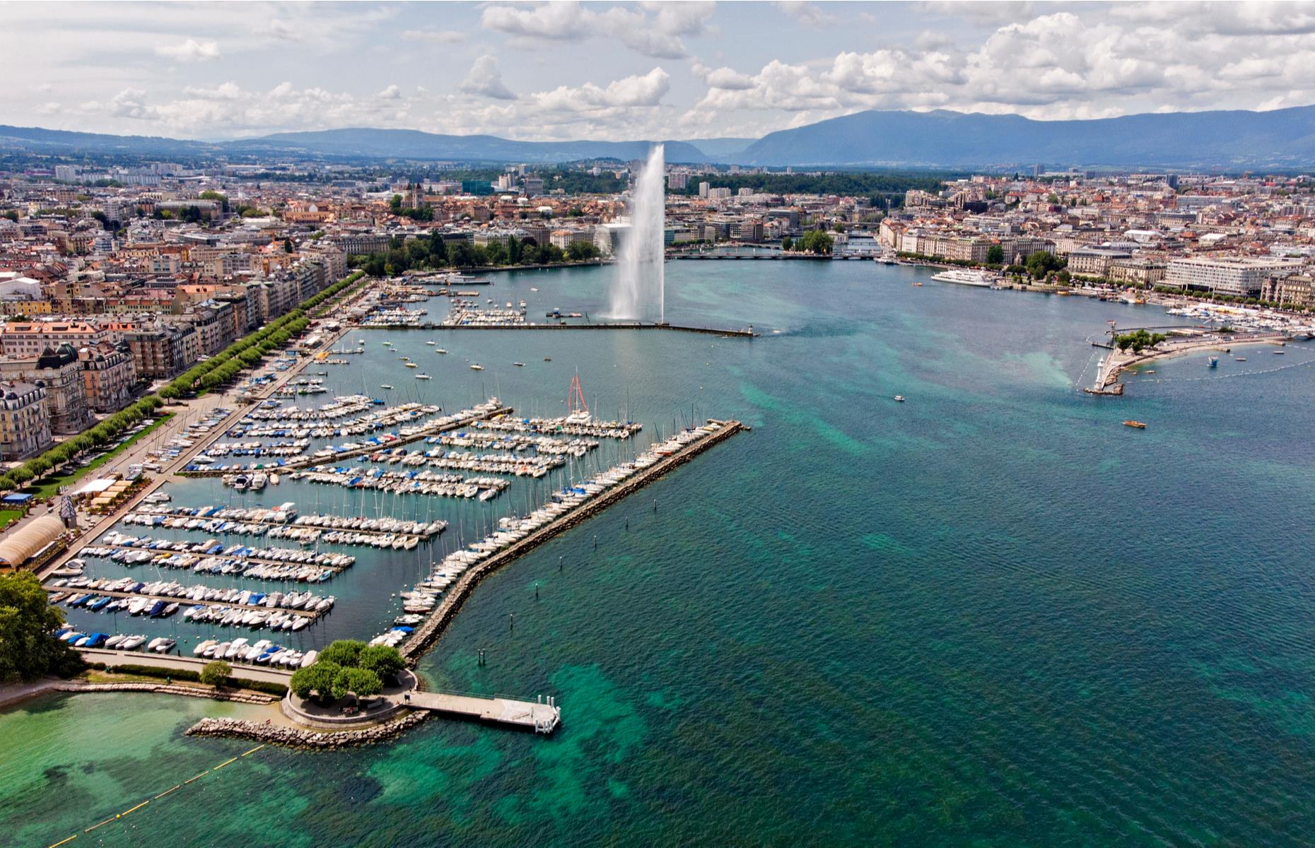 <p>One of Geneva Harbour’s most recognizable features is the 460-feet tall Jet d’Eau water jet that springs out from the lake and pumps out 500 liters of water per second. Seen from above, the harbor filled with yachts and surrounded by stunning mountains is a sight to behold.</p>