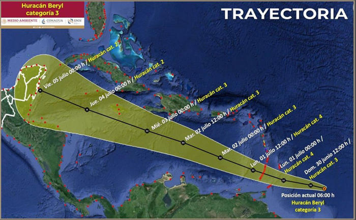 huracán beryl se intensifica a categoría 3, a 3 mil 700 km de cancún; por el momento no representa peligro para méxico