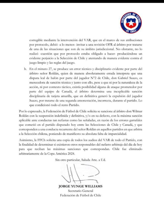 federación chilena de fútbol pide “la máxima sanción posible” para wilmar roldán