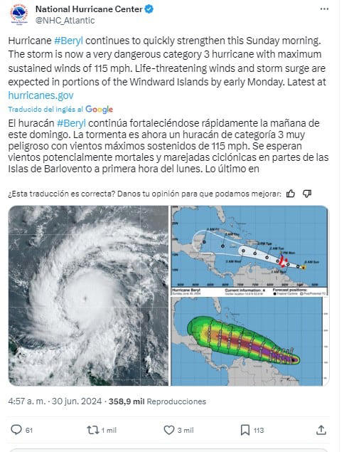tormenta beryl alerta como “huracán extremadamente peligroso” en estas regiones, según el nhc