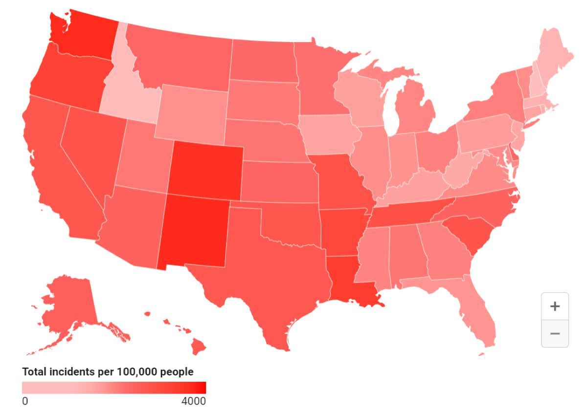 Map Shows Top 10 Most 'Dangerous' States In The US