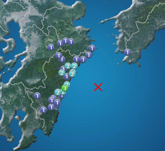 宮崎県で震度3の地震発生