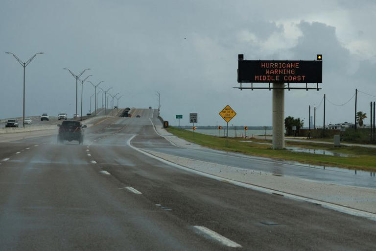 FILE PHOTO: A Hurricane warning sign is pictured in Corpus Christi, Texas, U.S. July 7, 2024. REUTERS/Daniel Becerril/File Photo