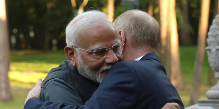 Putin embraces Modi on Indian leader’s first visit since Russia’s full-scale Ukraine invasion
