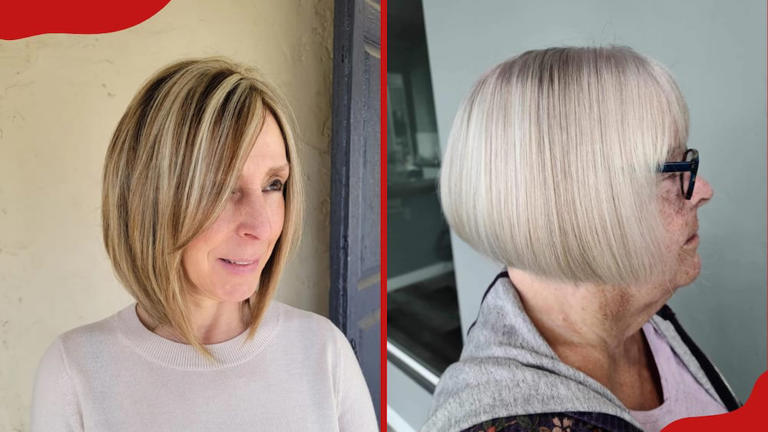 The angled bob hairstyle features shorter hair at the back and longer strands framing the face. Photo: @lauren_g.hair, @saloncti (modified by author) Source: Instagram