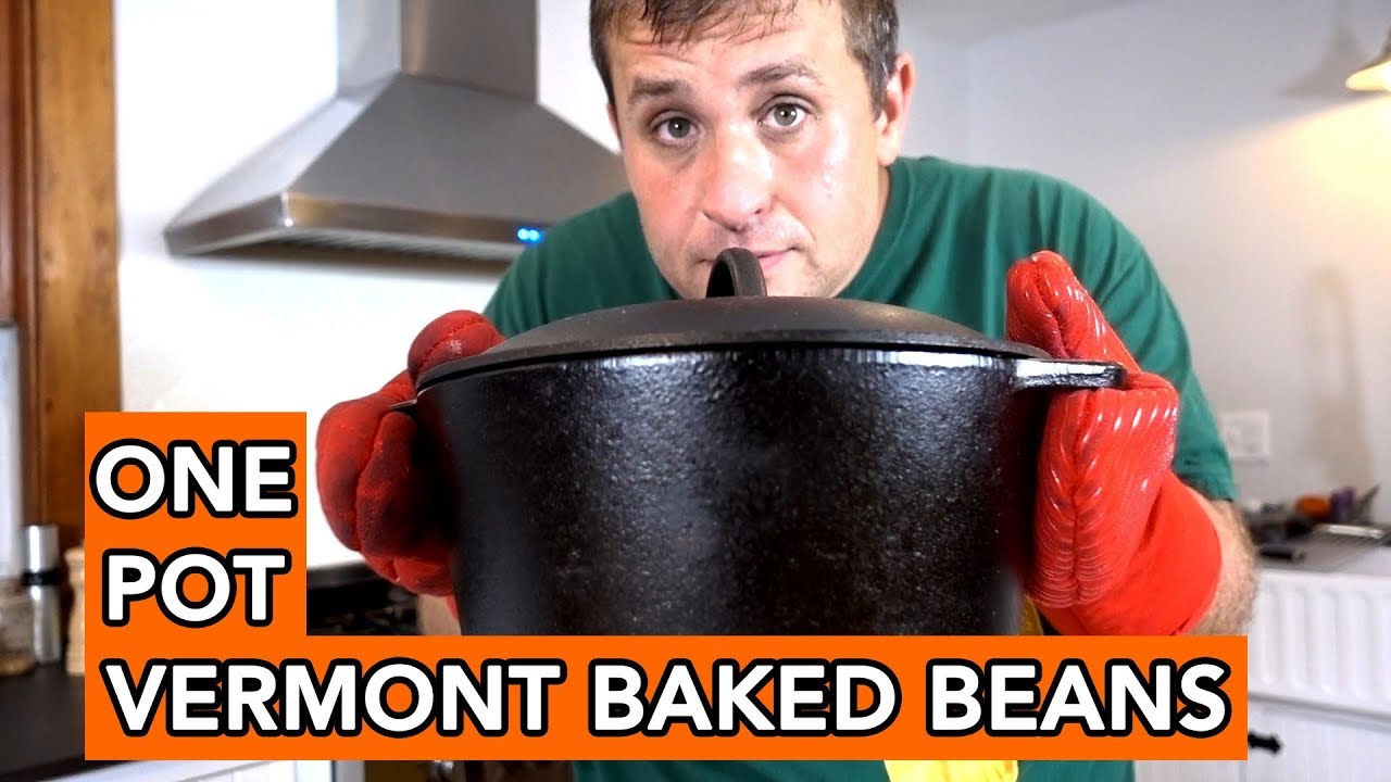 Traditional Dutch oven baked beans made from scratch over fire