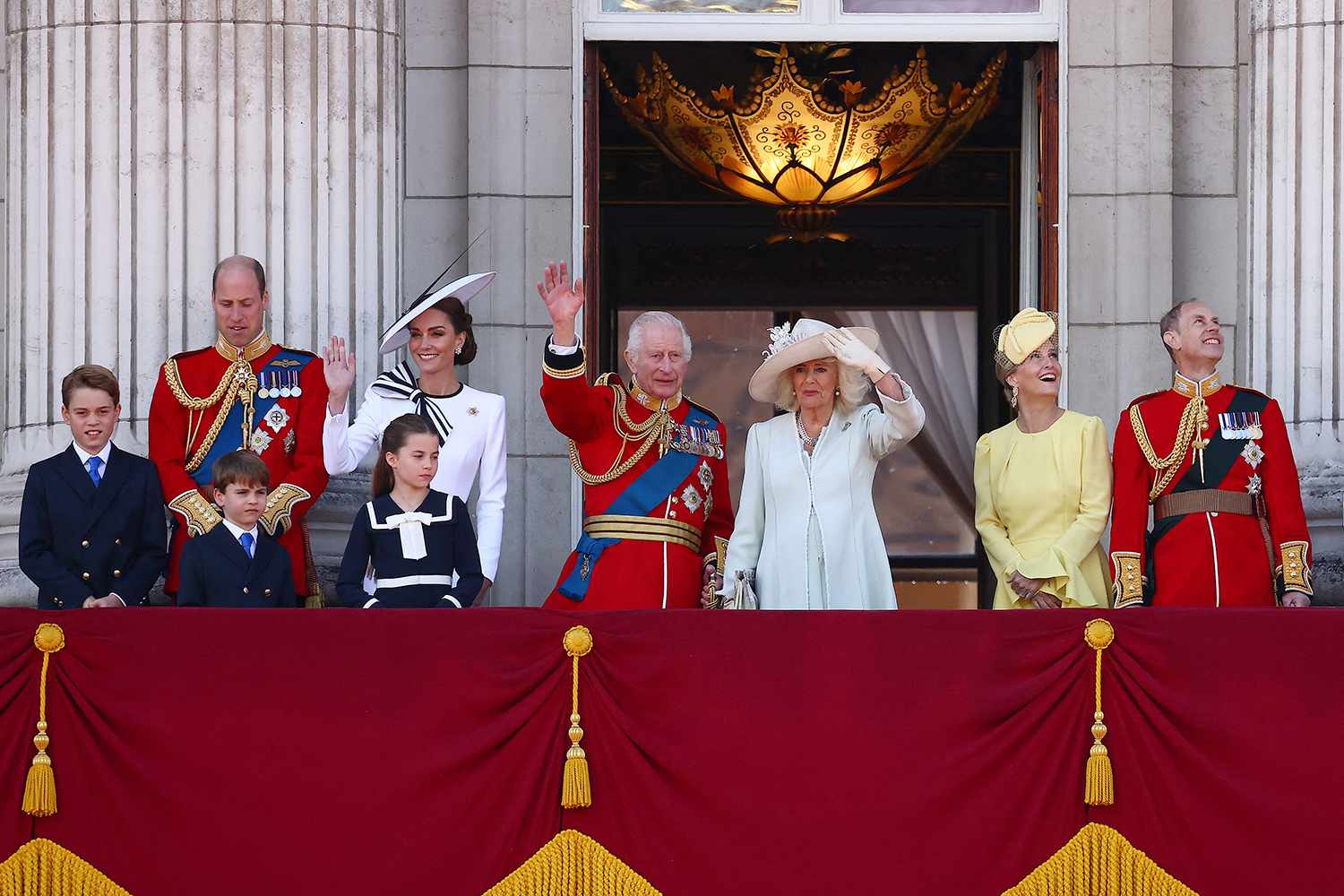 HENRY NICHOLLS/AFP via Getty The royal family at Buckingham Palace for Trooping the Colour on June 15, 2024