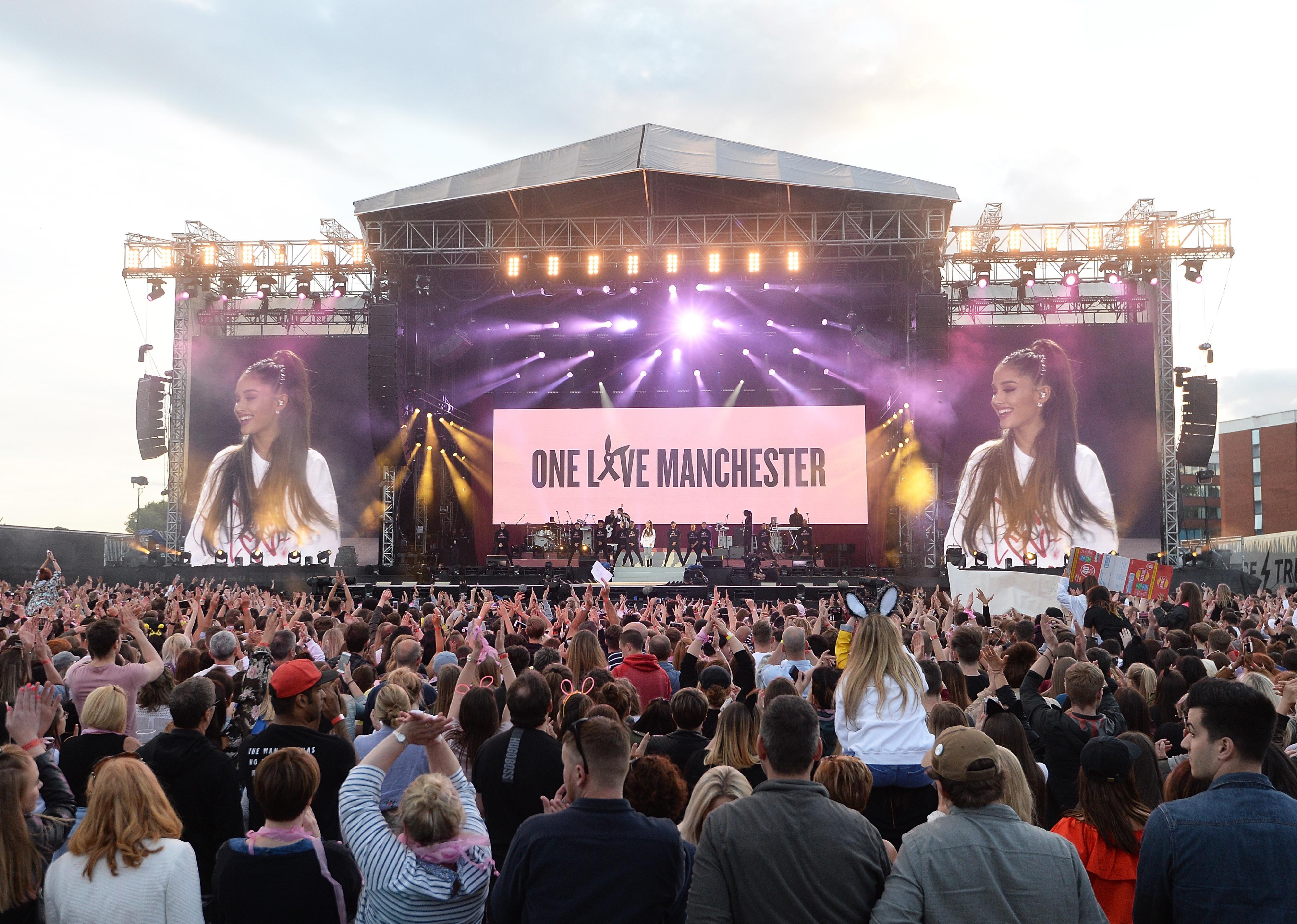<p>Pop star Ariana Grande co-organized this benefit concert shortly after a terrorist bombing at her show in Manchester Arena. Simultaneously broadcast and streamed, it <a href="https://www.digitalspy.com/music/a835681/ariana-grande-one-love-manchester-raises-18-million/">raised £18 million for victims' families</a>. Performers included Grande herself along with Katy Perry, Justin Bieber, Mac Miller, Coldplay, and others.</p>