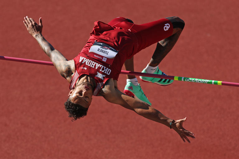 OU's Vernon Turner competes in the men's high jump during the 2023 USATF Outdoor Championships at Hayward Field in Eugene, Oregon.