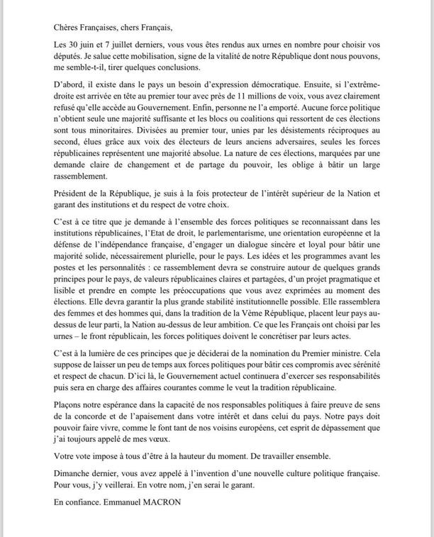 Macron scrive una lettera ai francesi: «Nessuno ha vinto le elezioni. Solo le forze repubblicane hanno la maggioranza assoluta»