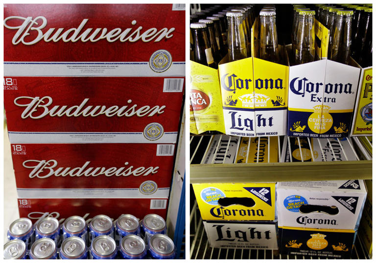 Budweiser beer in the aisles of Elite Beverages in Indianapolis, and Constellation Brands Corona beers displayed at a liquor store in Palo Alto, California. (AP Photos/File)