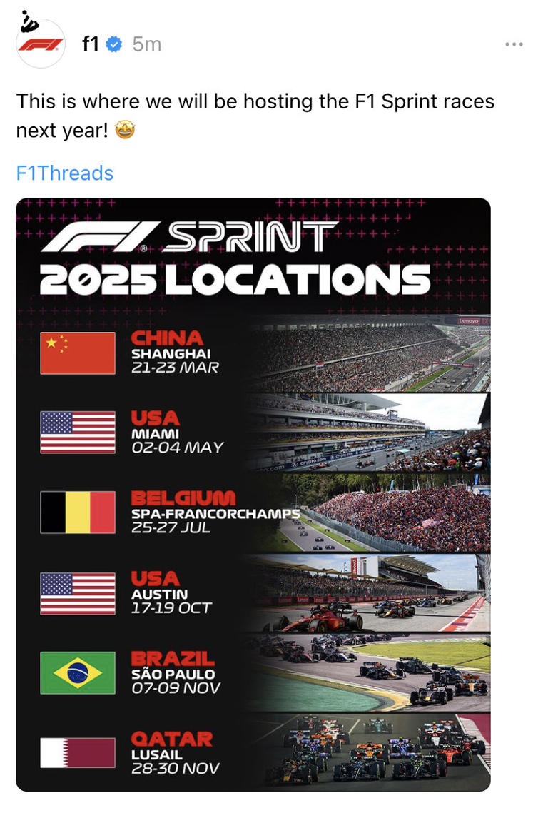 F1 announces 2025 Sprint Race locations